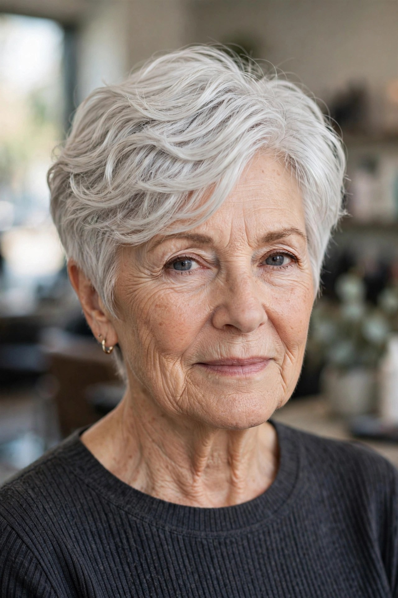 Perm pixie with long tousled top on a woman over 60 with silver white hair