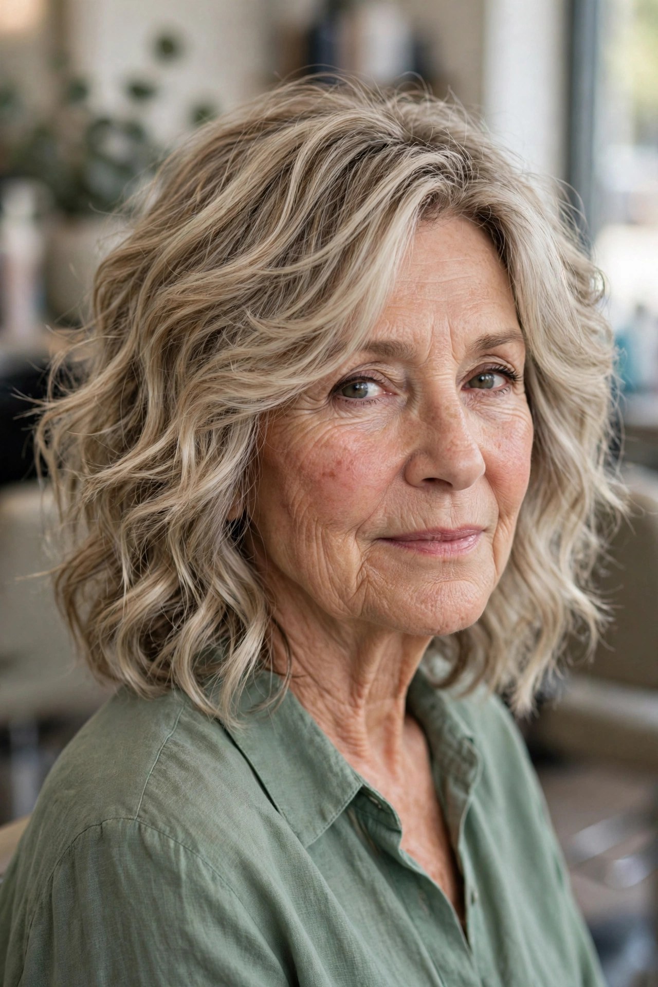 Beach-wave perm shag on a woman over 60 with ash blonde hair