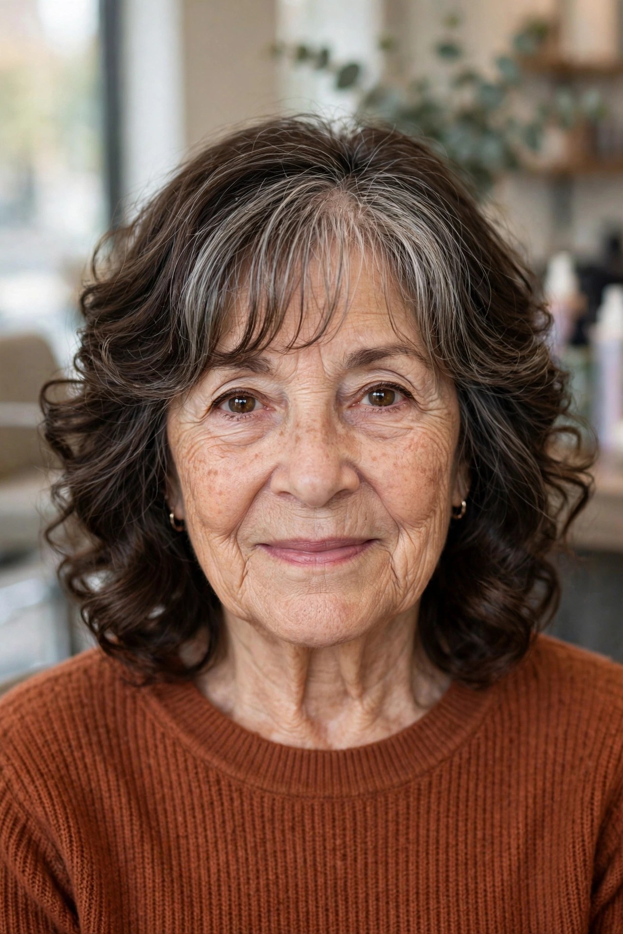 Face-framing perm with wispy bangs on a woman over 60 with dark brown hair