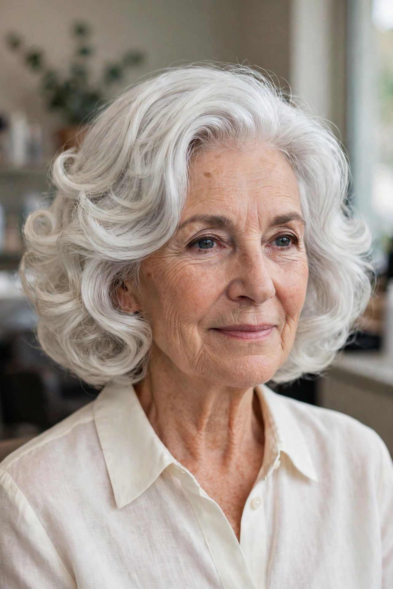 Voluminous perm bob with side part on a woman over 60 with white silver hair