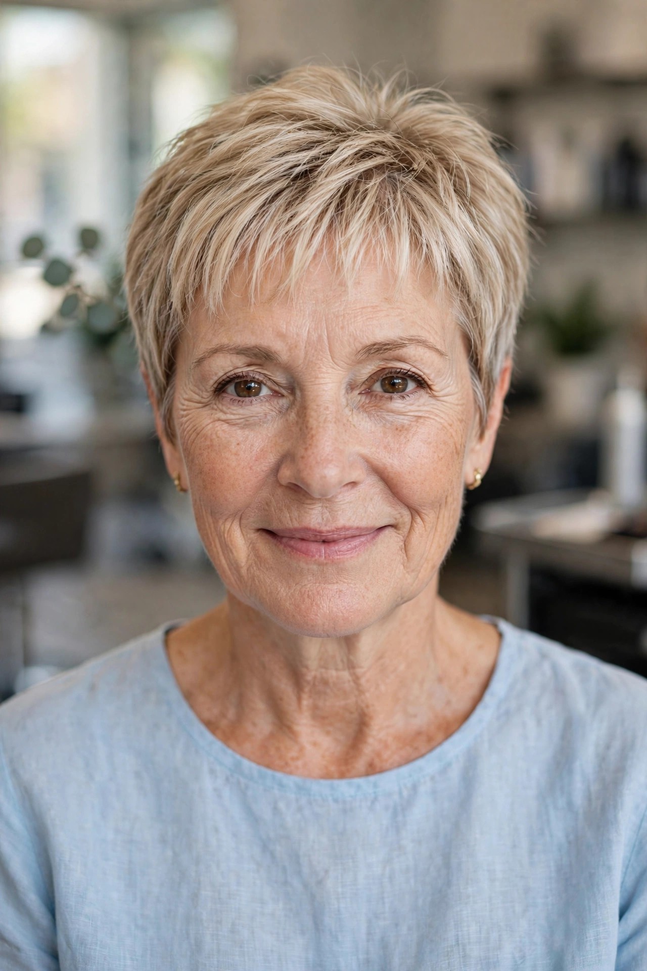 Pixie with Wispy Baby Bangs - woman over 50
