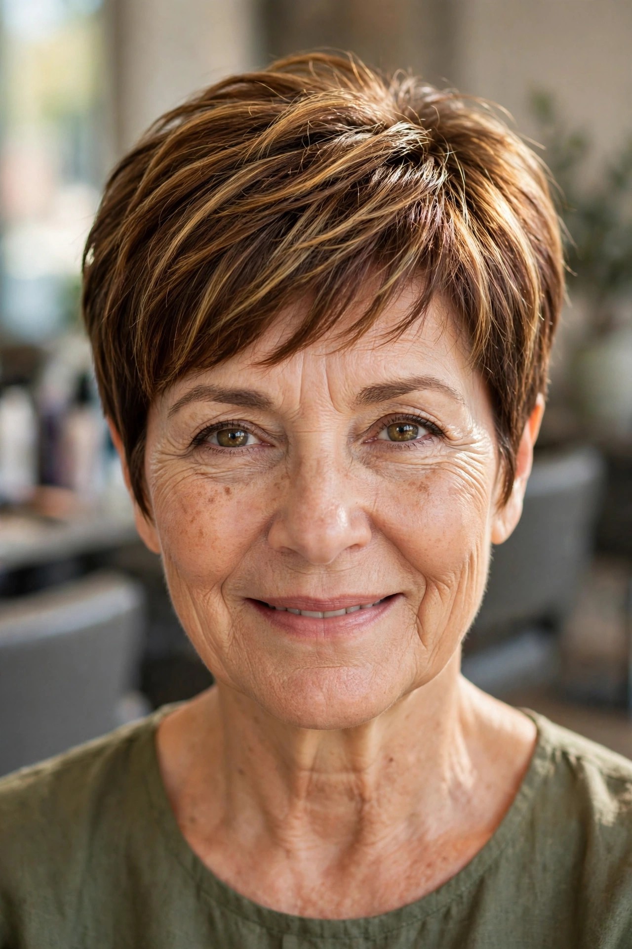 Warm Brunette Pixie with Golden Highlights - woman over 50