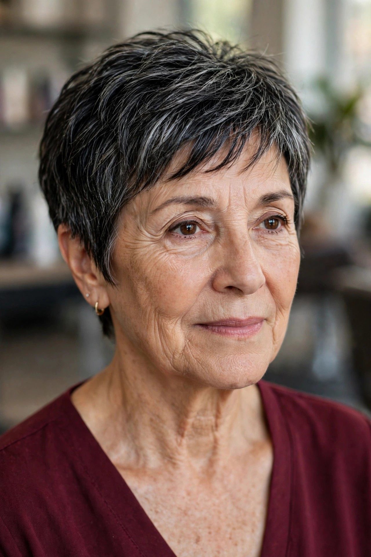 Salt-and-Pepper Layered Pixie - woman over 50