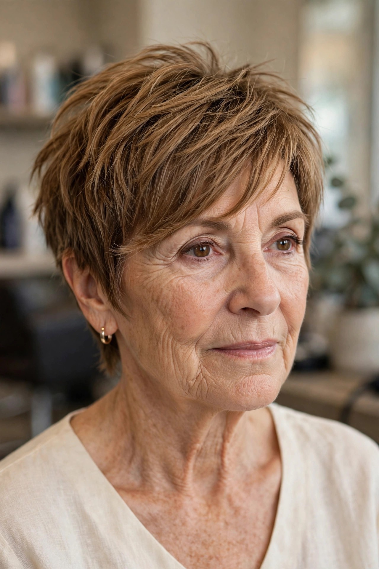 Choppy Pixie with Side-Swept Fringe - woman over 50