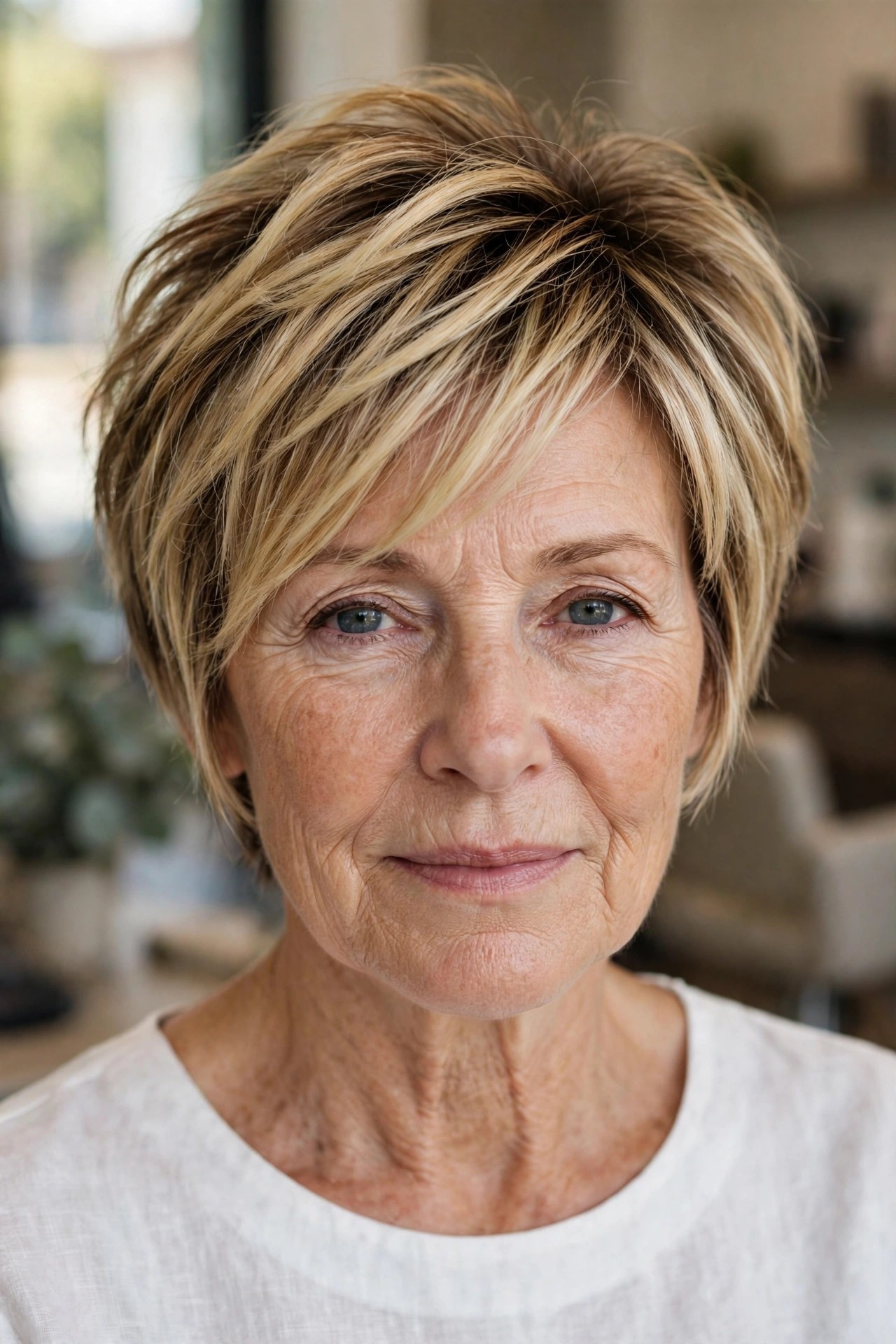 Blonde Balayage Long Pixie - woman over 50
