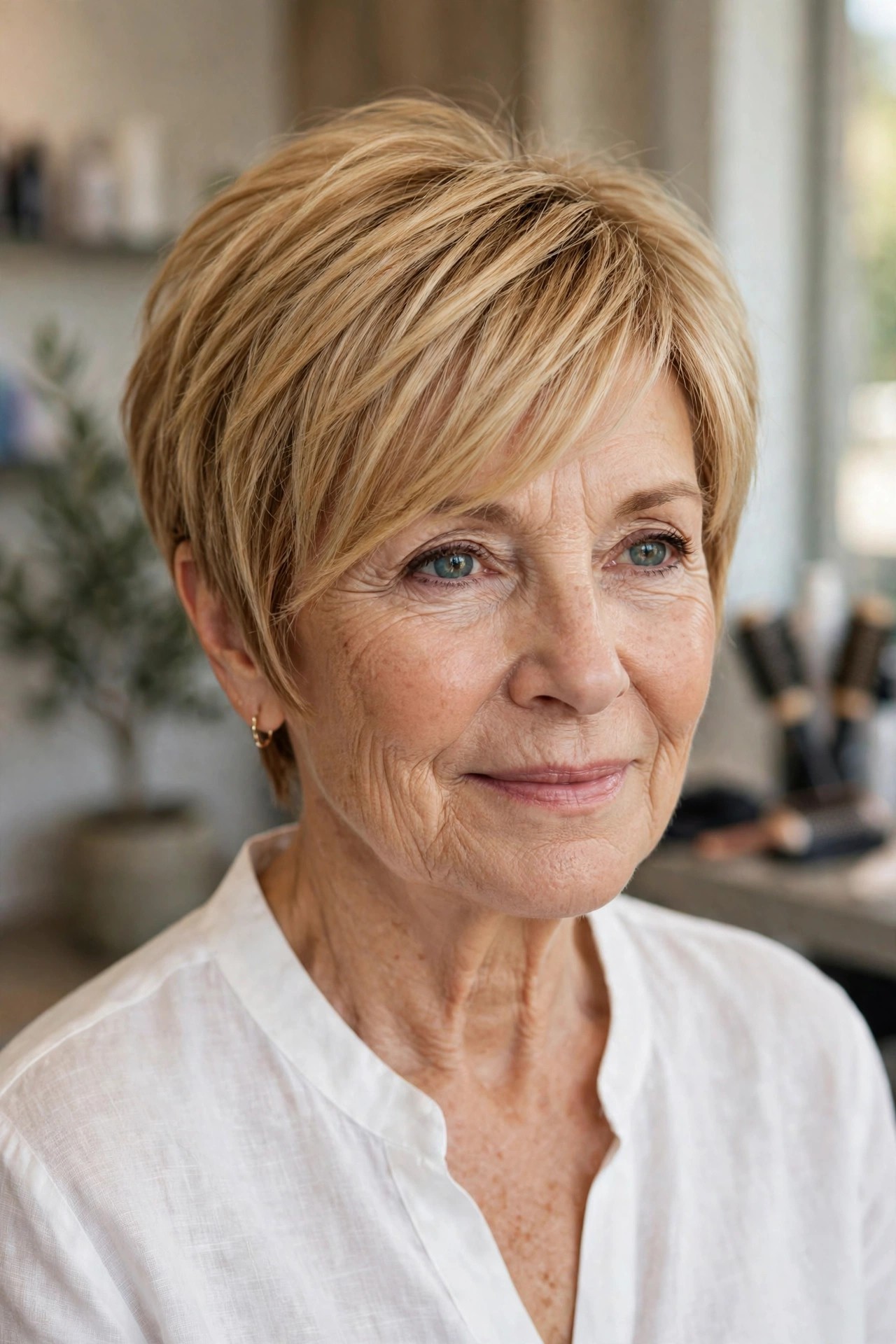 Long Pixie with Side-Swept Bangs - woman over 50
