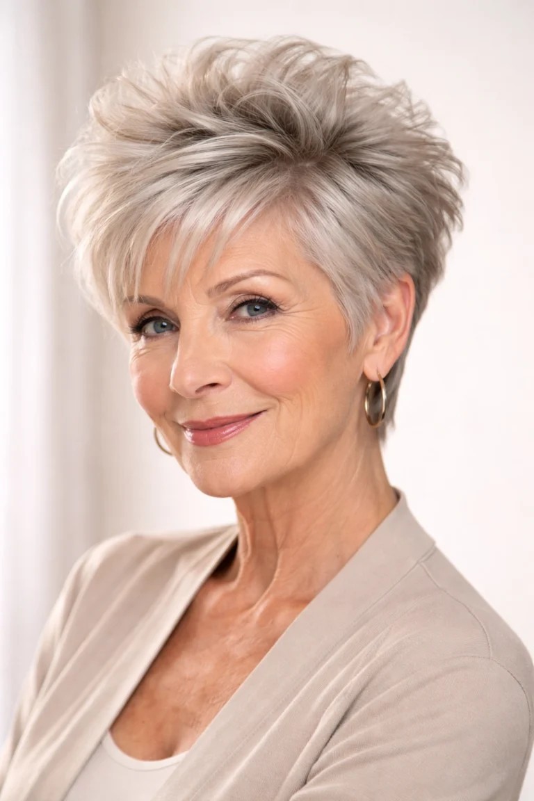 Woman over 70 with a classic voluminous pixie — effortless pixie haircut idea for women over 70