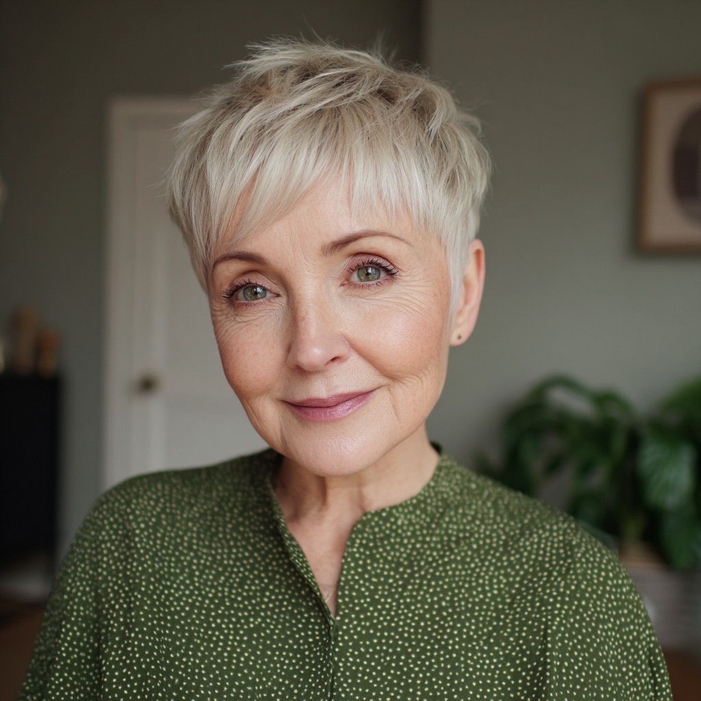 Woman over 70 with a neat pale-blonde pixie — effortless pixie haircut idea for women over 70