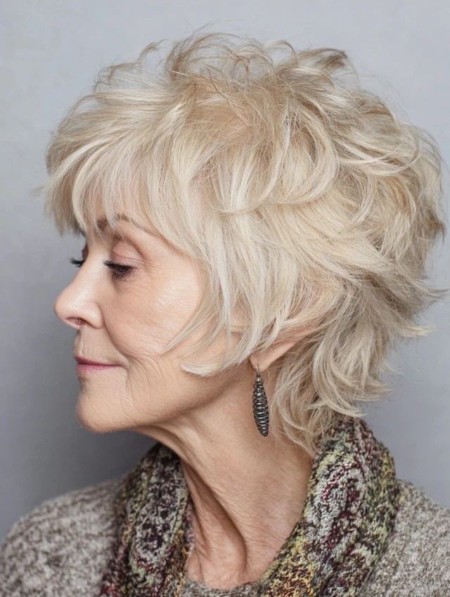 Woman over 70 with a longer wavy pixie — effortless pixie haircut idea for women over 70