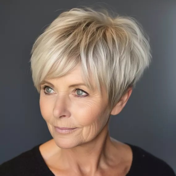 Woman over 70 with a layered blonde pixie — effortless pixie haircut idea for women over 70