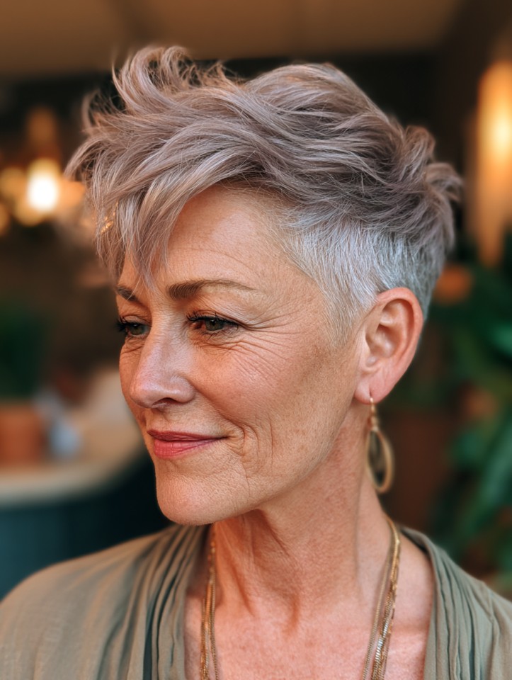 Woman over 70 with a mauve-toned swept pixie — effortless pixie haircut idea for women over 70