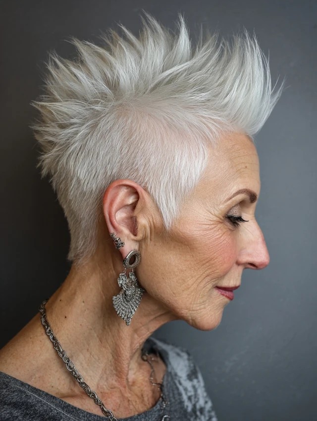 Woman over 70 with a edgy white mohawk pixie — effortless pixie haircut idea for women over 70