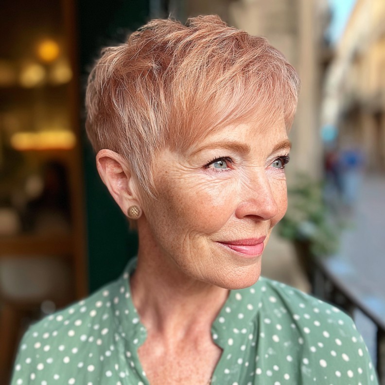Woman over 70 with a rose-pink pixie — effortless pixie haircut idea for women over 70