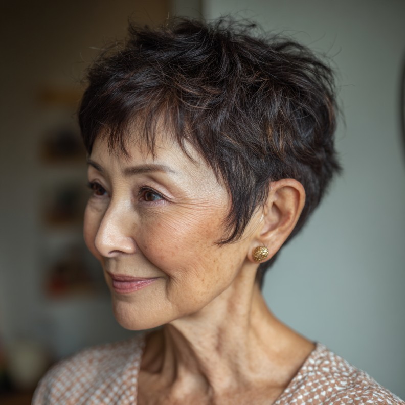 Woman over 70 with a natural dark pixie — effortless pixie haircut idea for women over 70