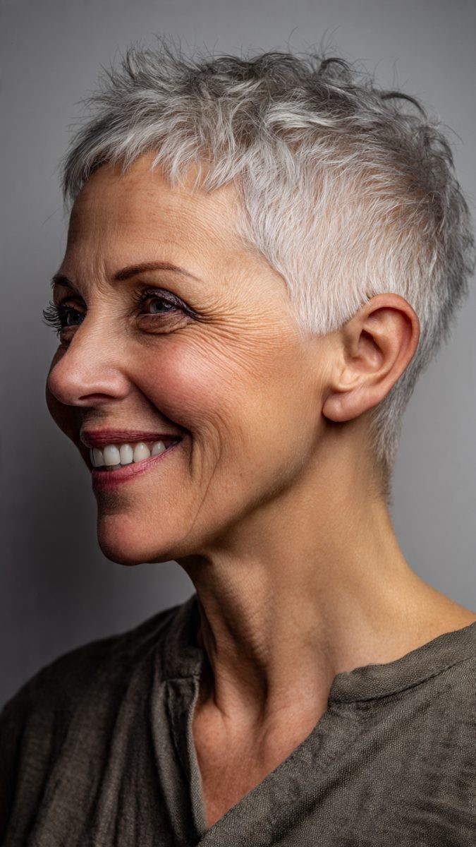 Woman over 70 with a close-cropped pixie — effortless pixie haircut idea for women over 70