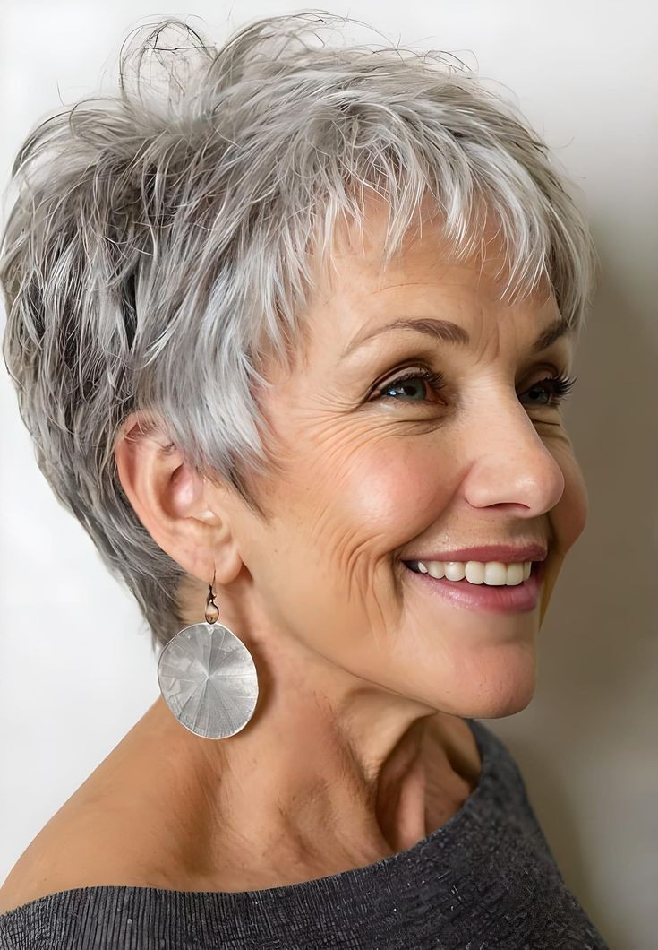 Woman over 70 with a choppy textured pixie — effortless pixie haircut idea for women over 70