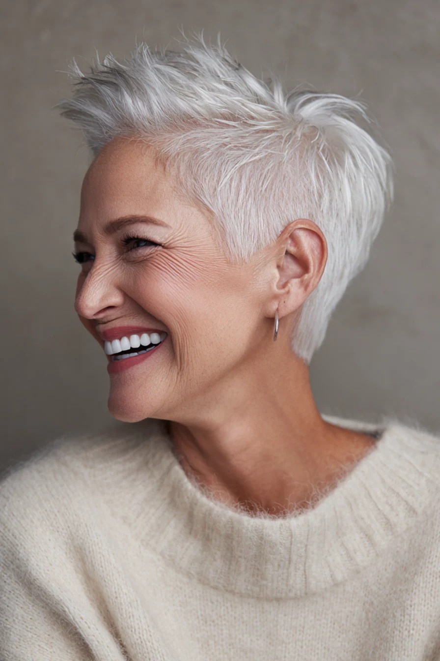 Woman over 70 with a textured white pixie — effortless pixie haircut idea for women over 70