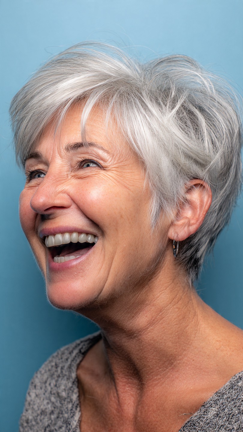 Woman over 70 with a relaxed wavy pixie — effortless pixie haircut idea for women over 70