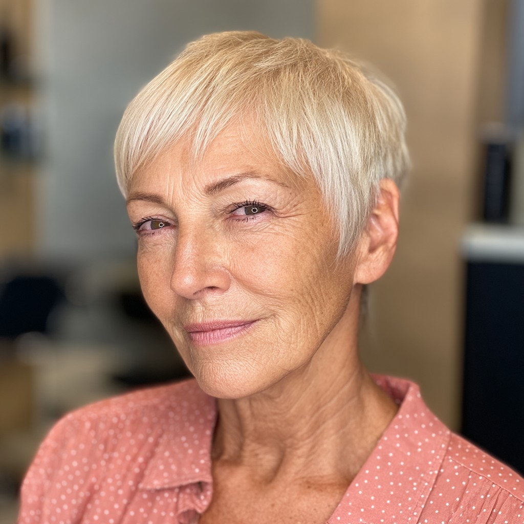 Woman over 70 with a golden blonde pixie — effortless pixie haircut idea for women over 70