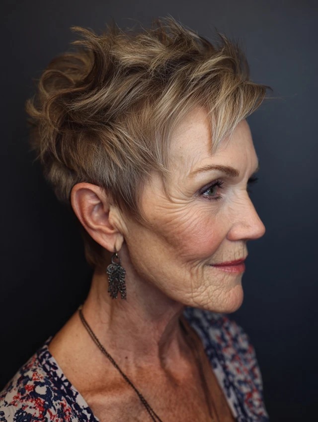 Woman over 70 with a tousled bronde pixie — effortless pixie haircut idea for women over 70