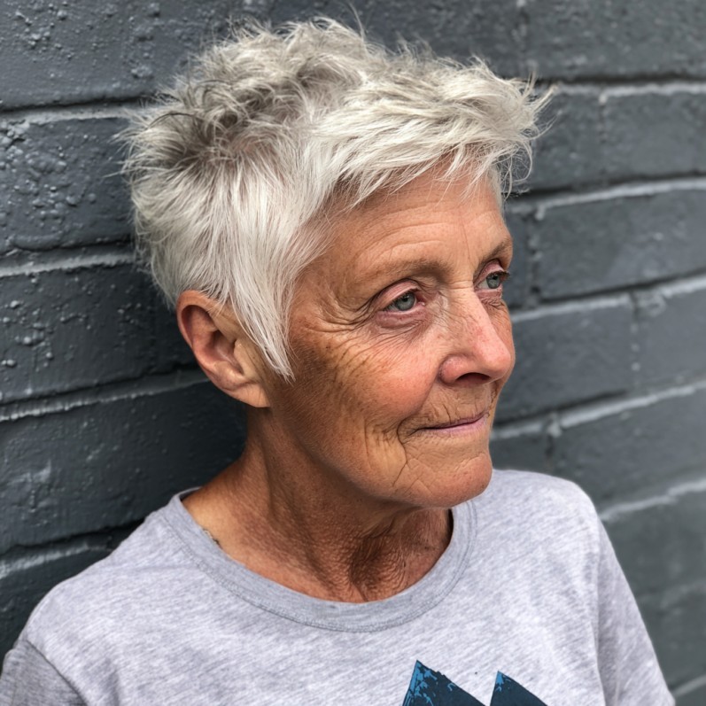 Woman over 70 with a messy wash-and-go crop — effortless pixie haircut idea for women over 70