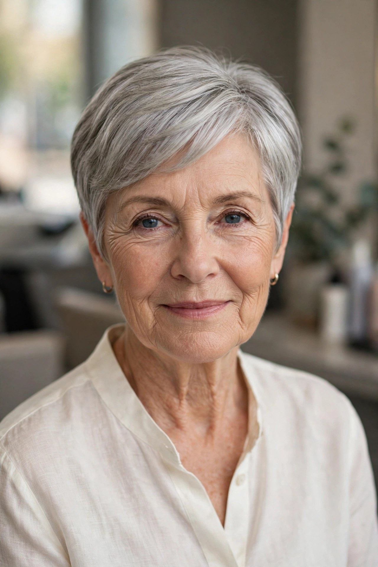 Classic Tapered Silver Pixie on a woman over 60 - elegant pixie haircut