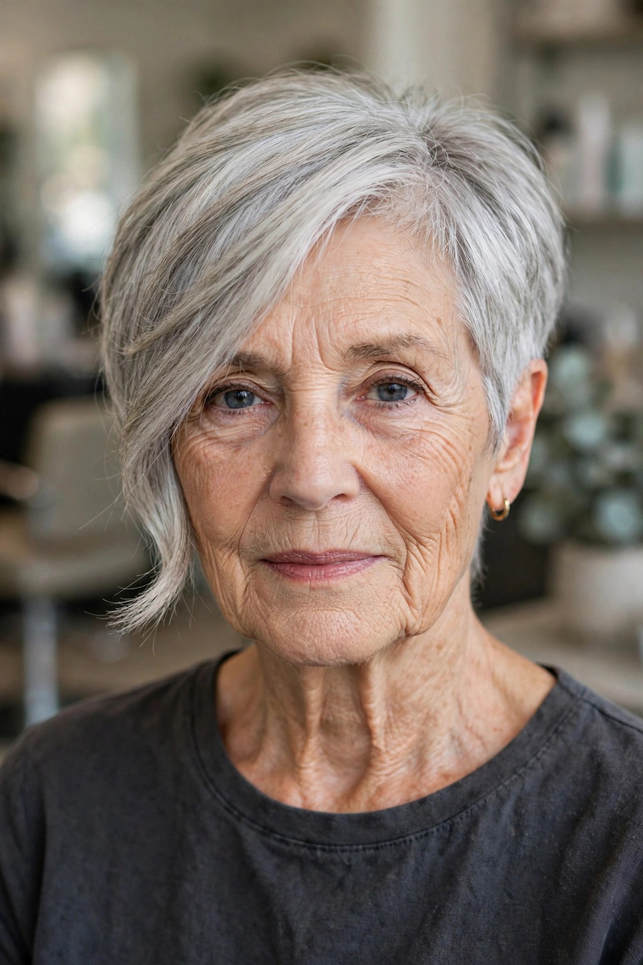 Asymmetrical Pixie with a Longer Front on a woman over 60 - elegant pixie haircut