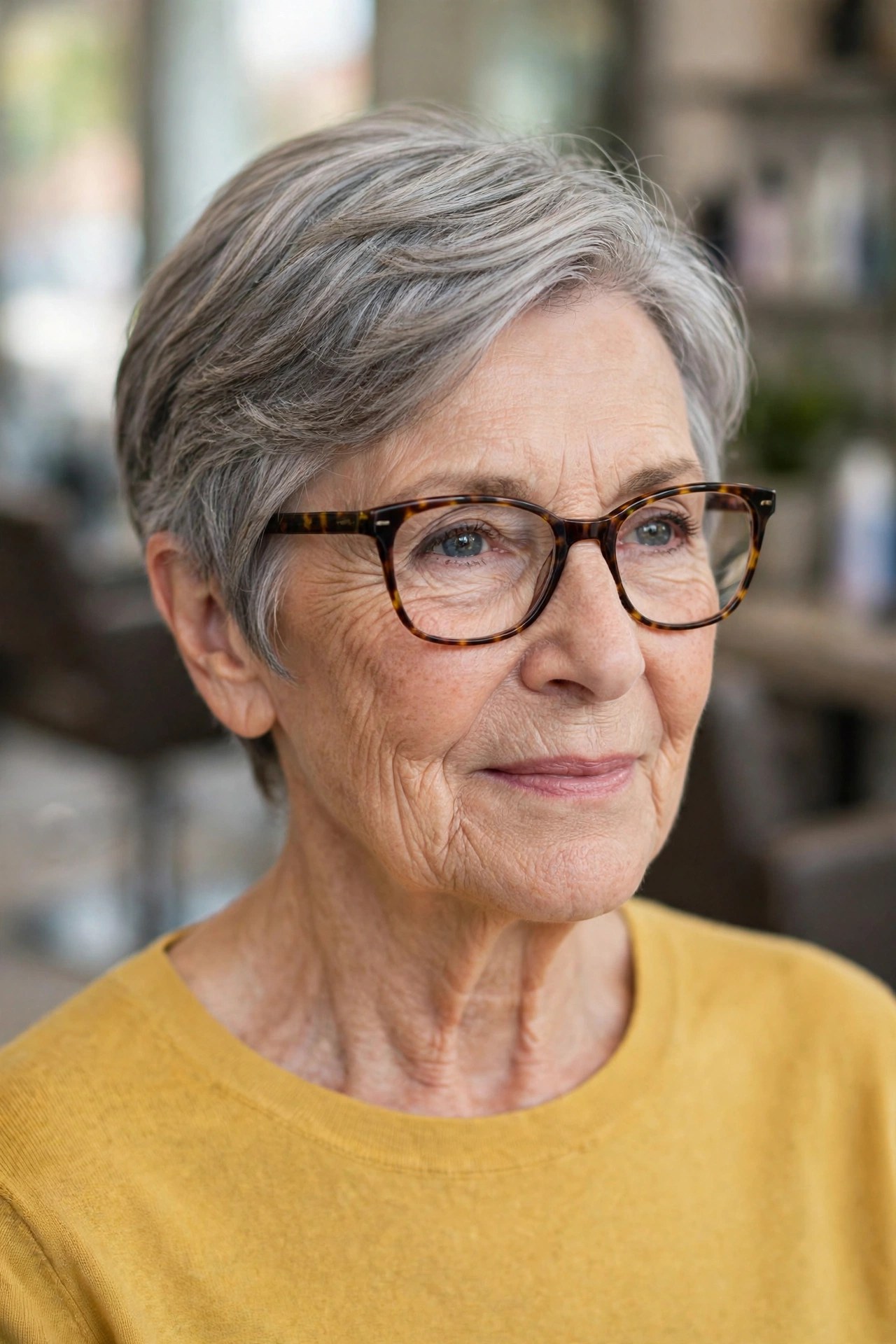 Pixie Cut Neatly Around Glasses on a woman over 60 - elegant pixie haircut