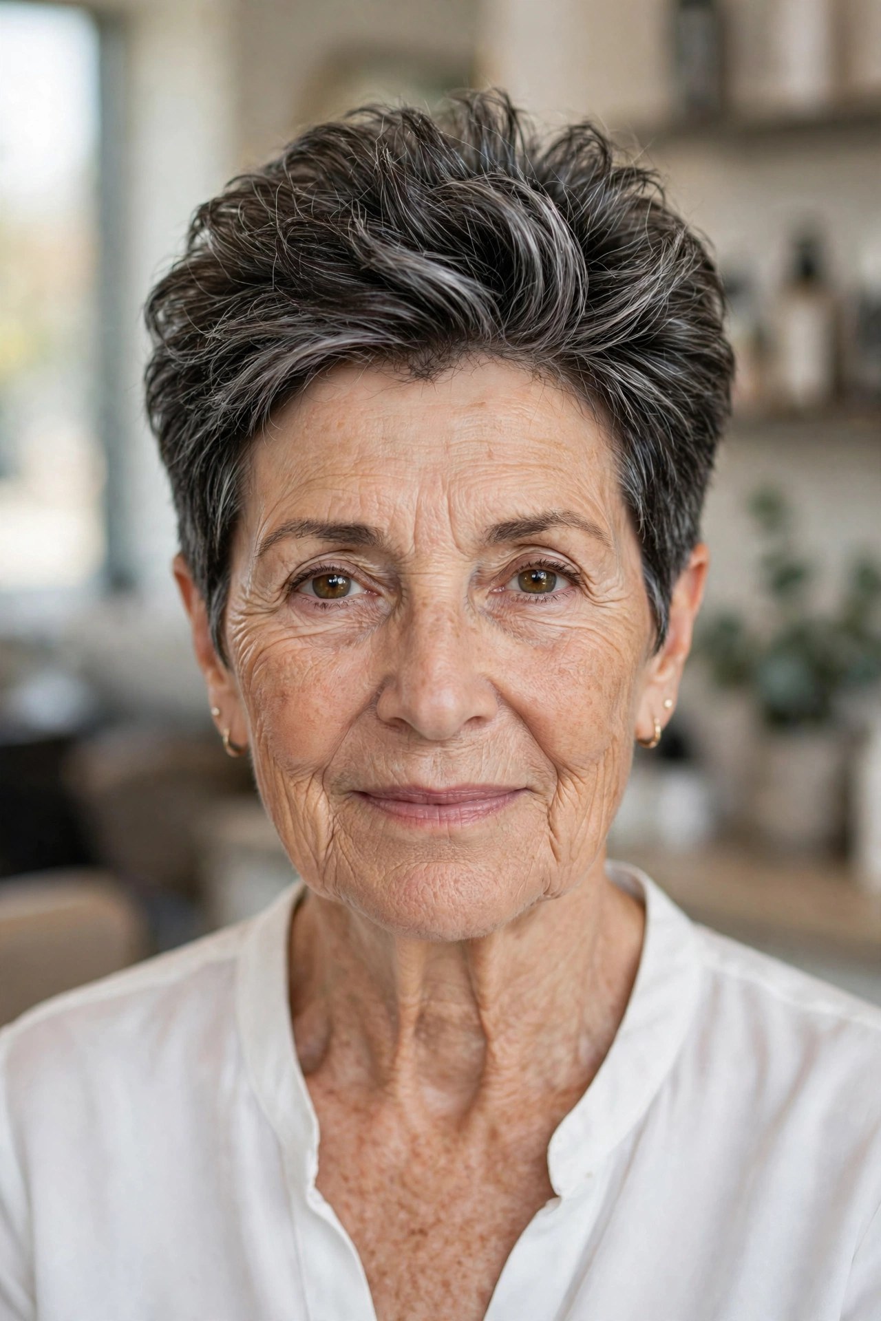Salt-and-Pepper Pixie with Volume on Top on a woman over 60 - elegant pixie haircut