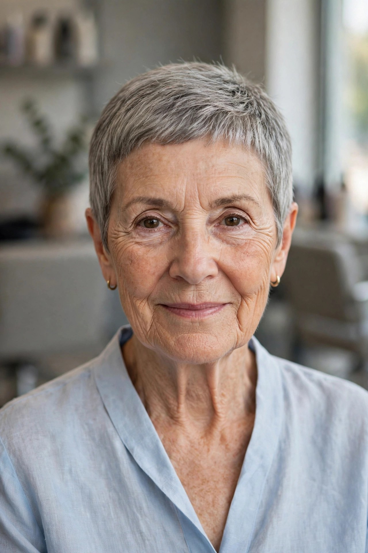 Very Short Wash-and-Go Pixie on a woman over 60 - elegant pixie haircut