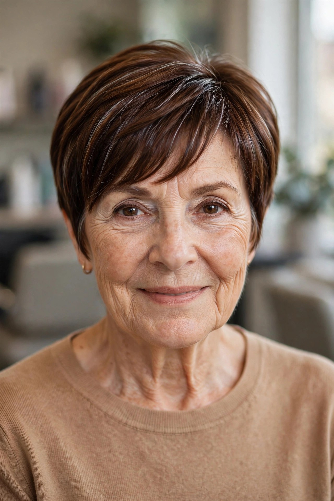 Warm Brunette Pixie with a Glossy Finish on a woman over 60 - elegant pixie haircut