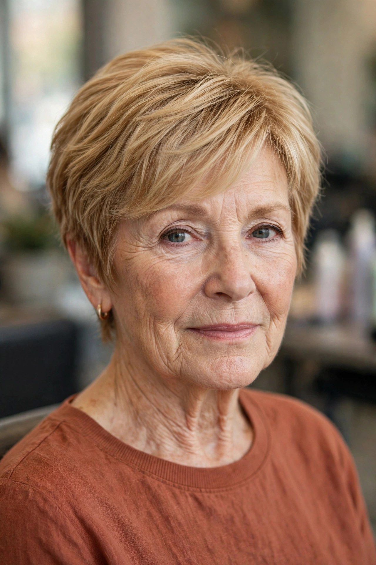 Golden Blonde Layered Pixie on a woman over 60 - elegant pixie haircut