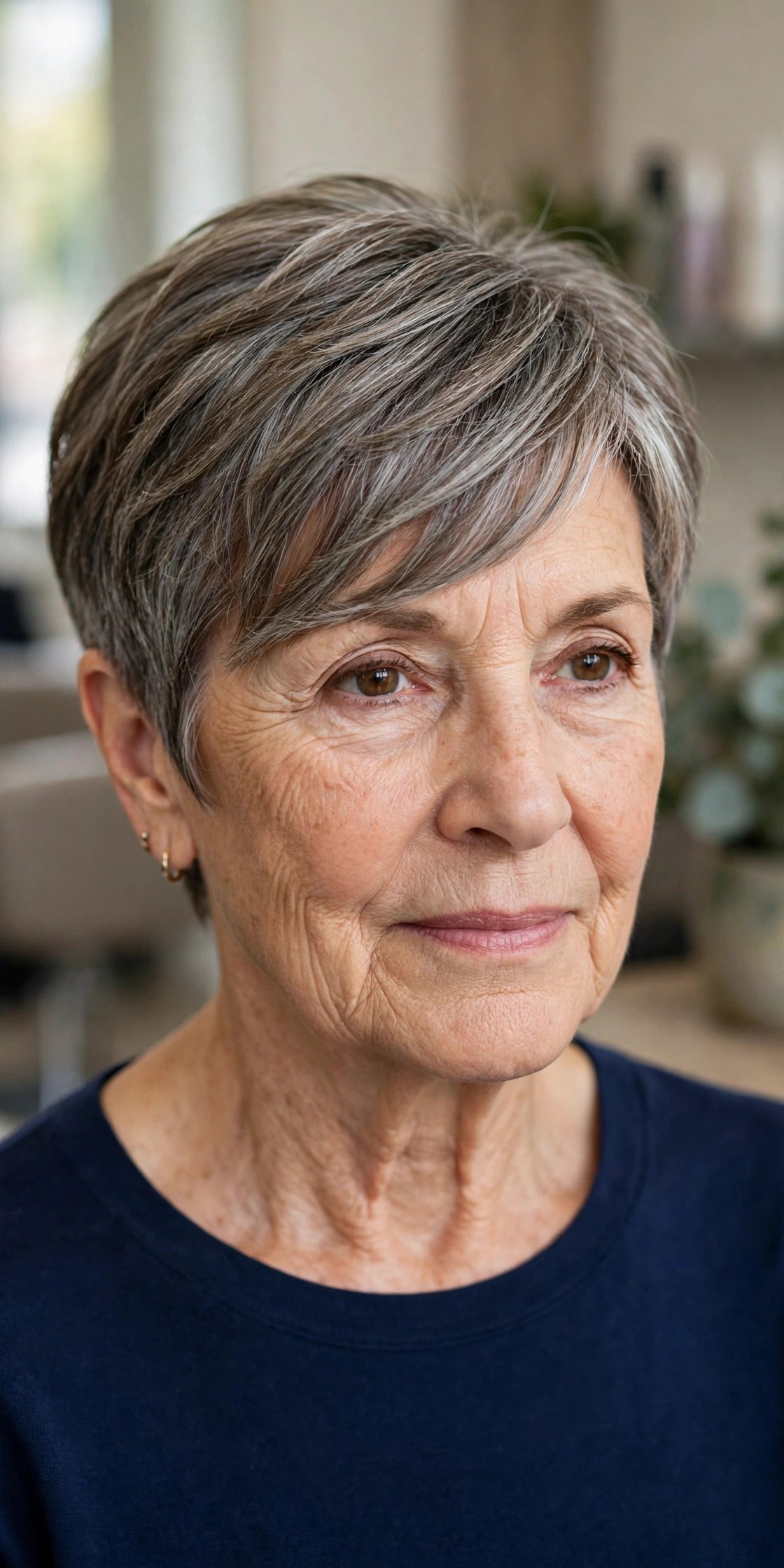 Soft Layered Pixie with a Side-Swept Fringe on a woman over 60 - elegant pixie haircut