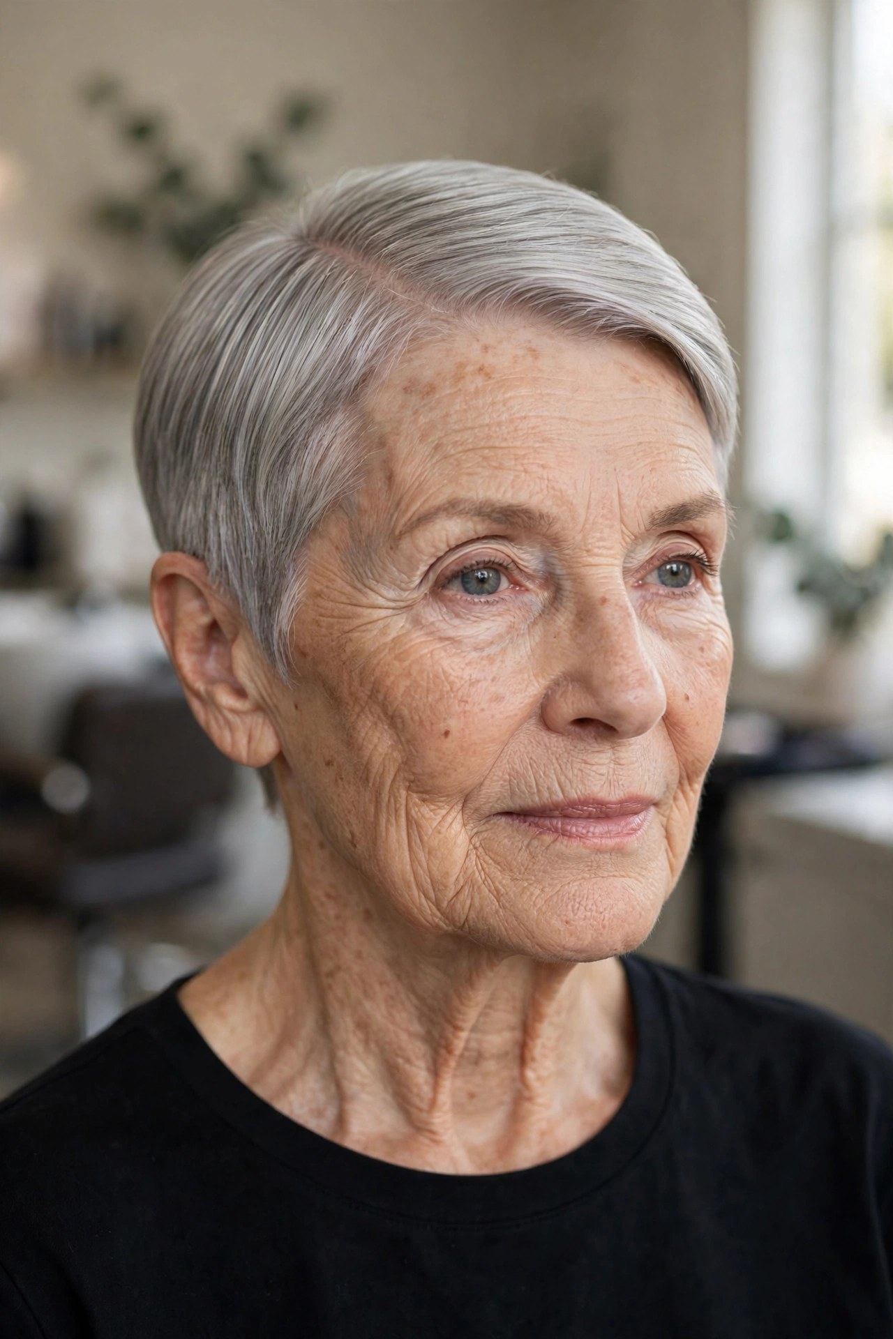Sleek Pixie with a Deep Side Part on a woman over 60 - elegant pixie haircut