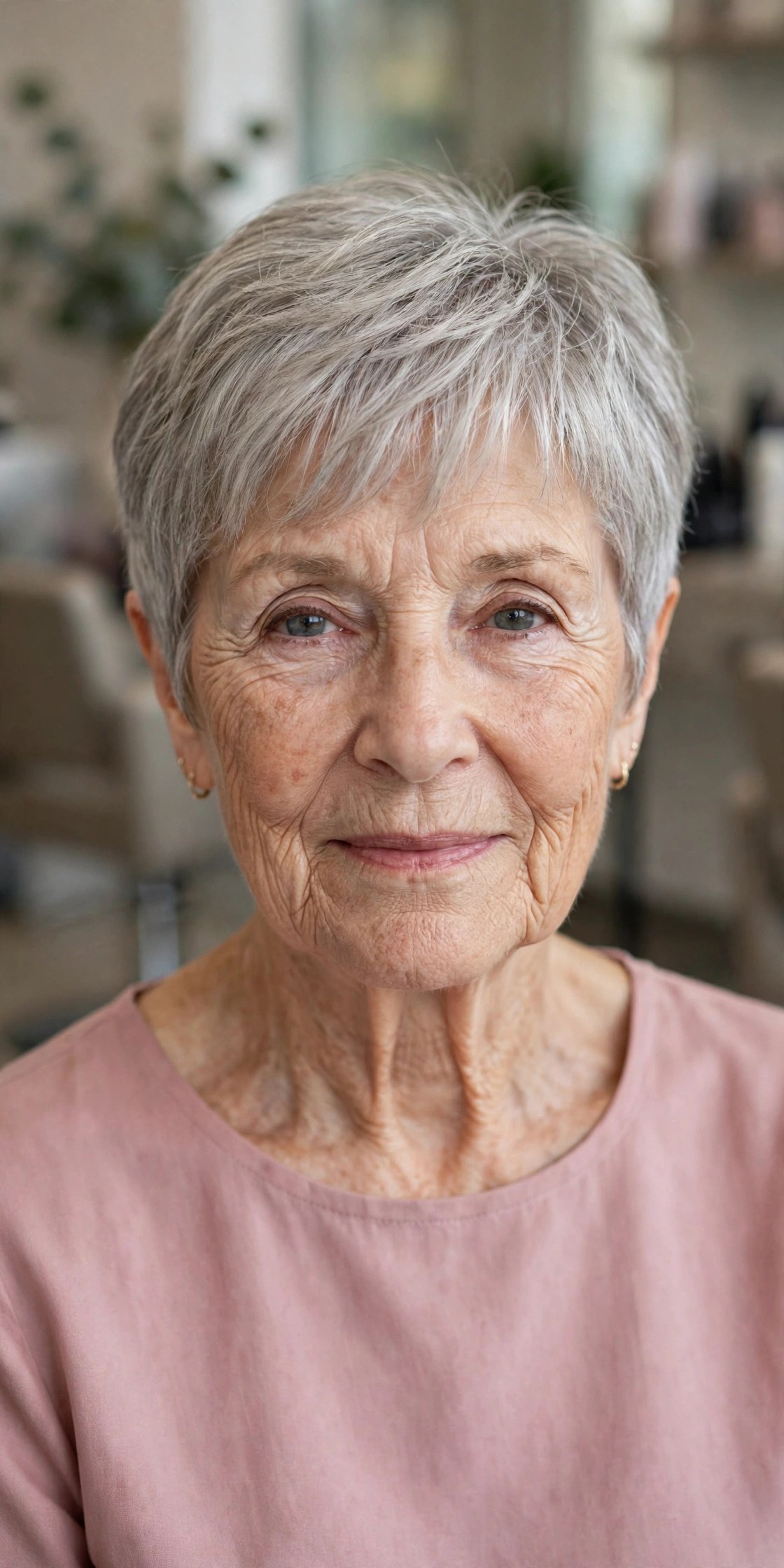 Pixie with Wispy Brow-Skimming Bangs on a woman over 60 - elegant pixie haircut