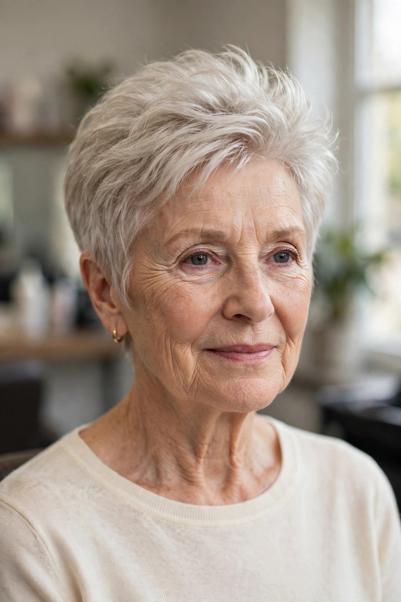 Feathered Pixie with a Lifted Crown on a woman over 60 - elegant pixie haircut