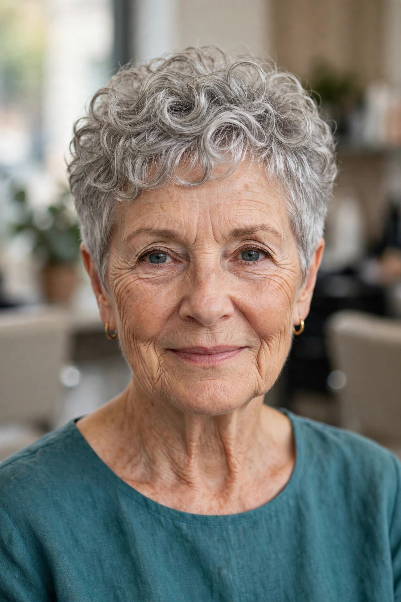 Curly Pixie with a Soft Taper on a woman over 60 - elegant pixie haircut