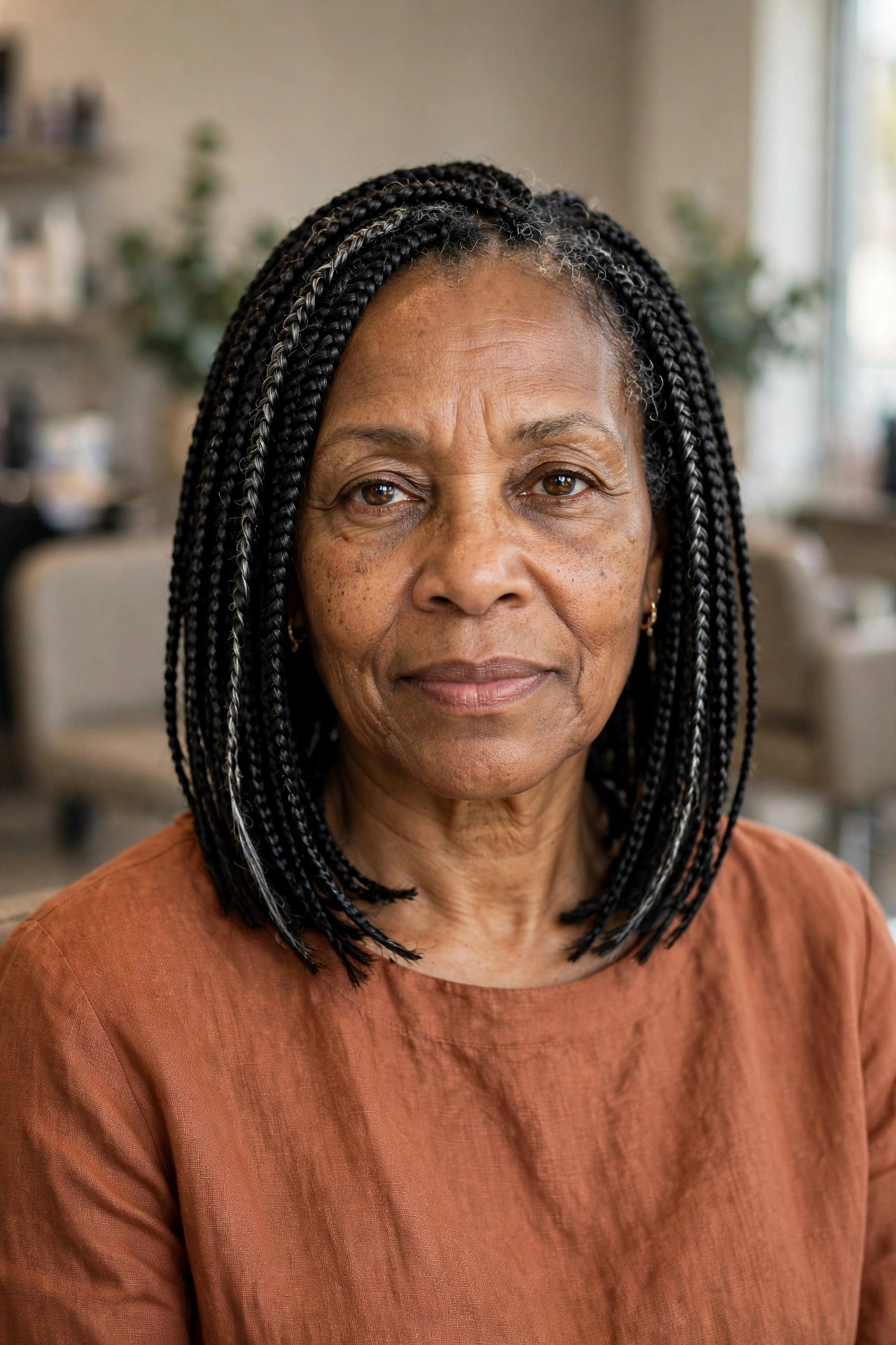 Knotless Box Braids at Shoulder Length on a Black woman over 50 - protective hairstyles for Black women over 50