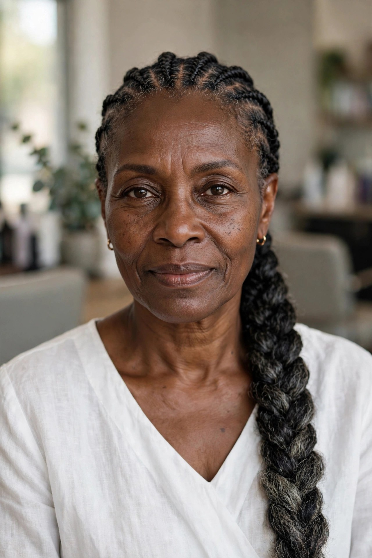 Cornrows into a Braided Ponytail on a Black woman over 50 - protective hairstyles for Black women over 50