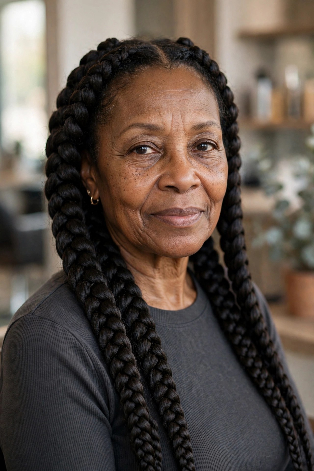 Jumbo Knotless Braids on a Black woman over 50 - protective hairstyles for Black women over 50
