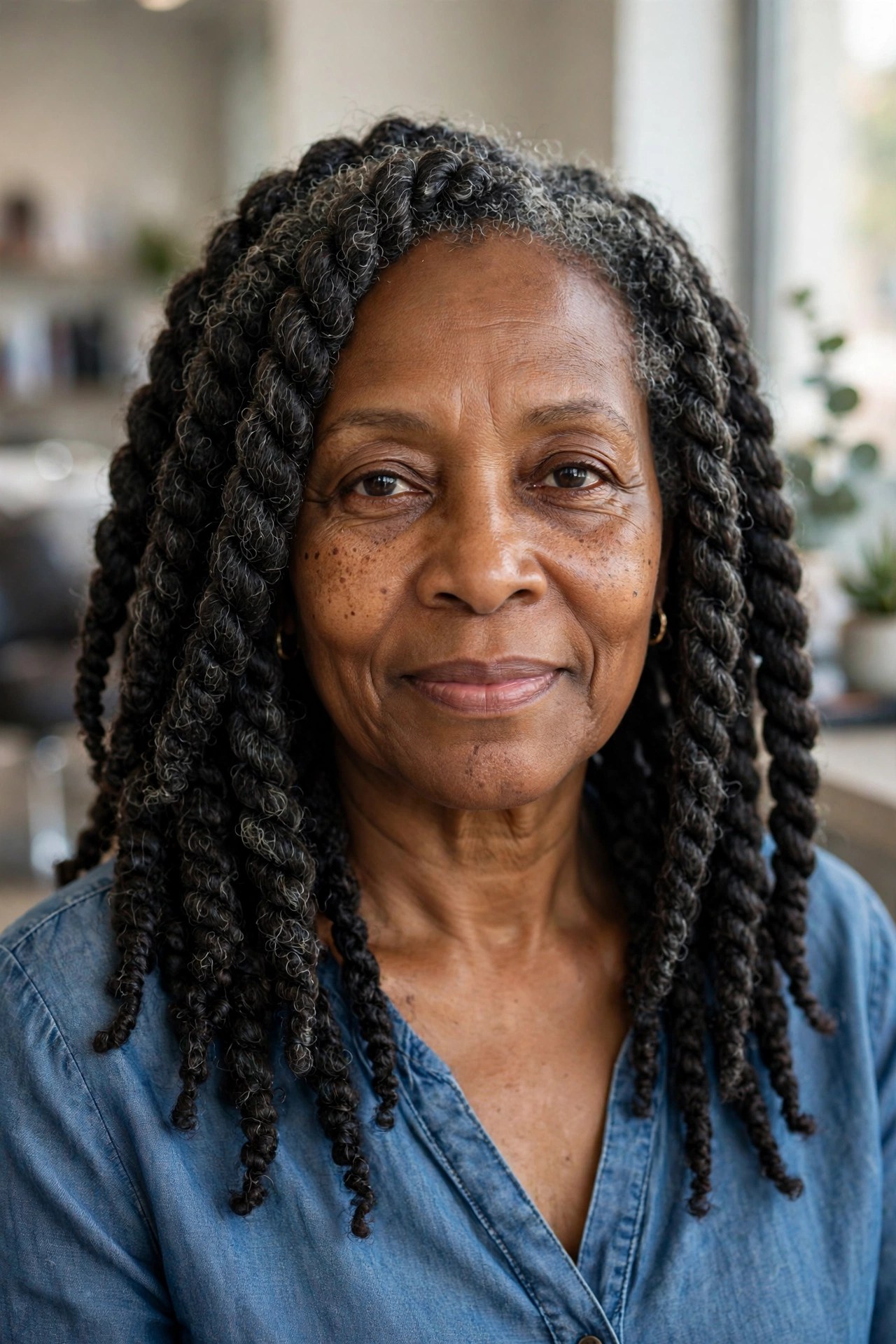Chunky Two-Strand Twists on a Black woman over 50 - protective hairstyles for Black women over 50
