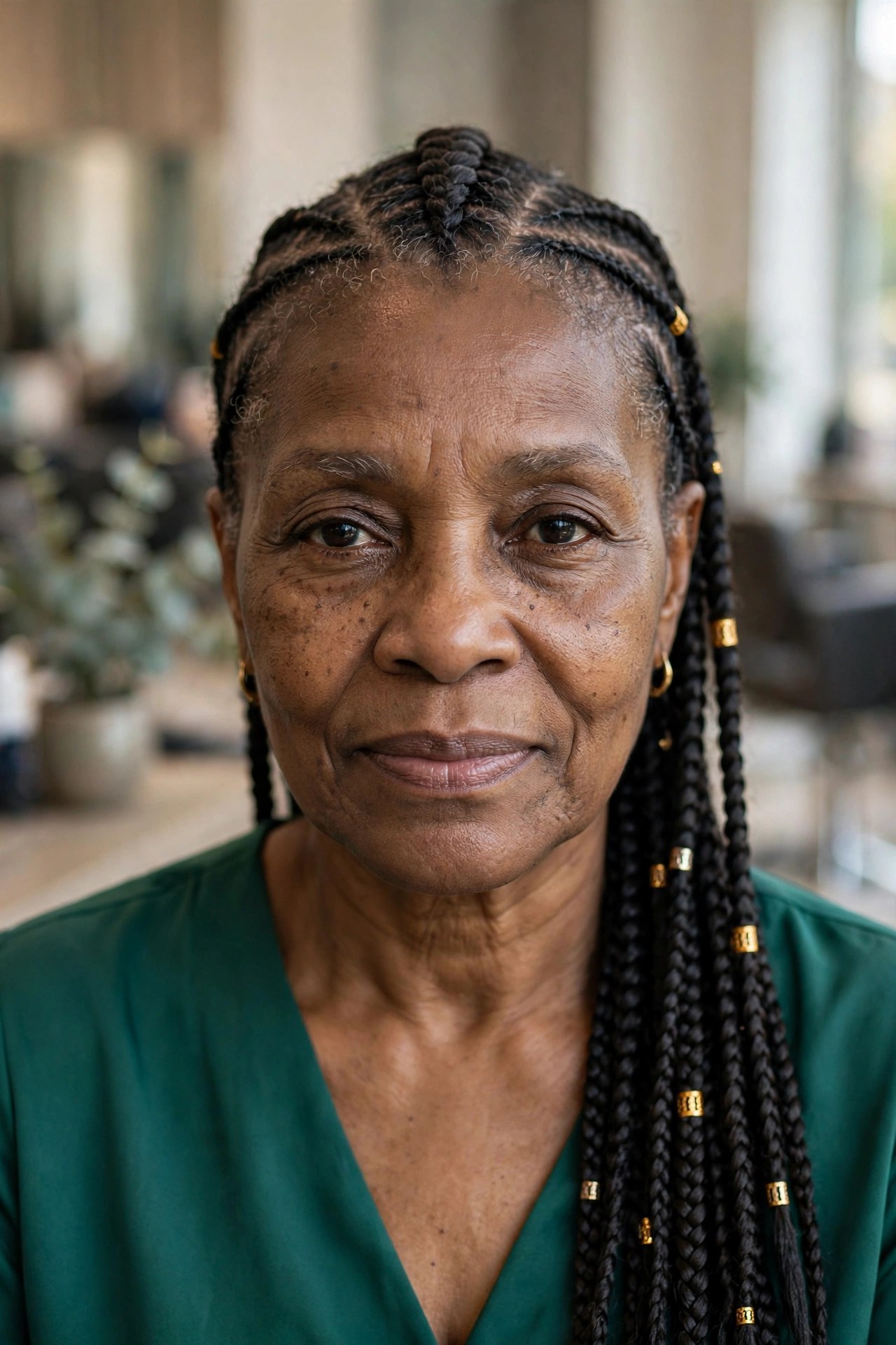 Fulani Braids with Subtle Gold Cuffs on a Black woman over 50 - protective hairstyles for Black women over 50