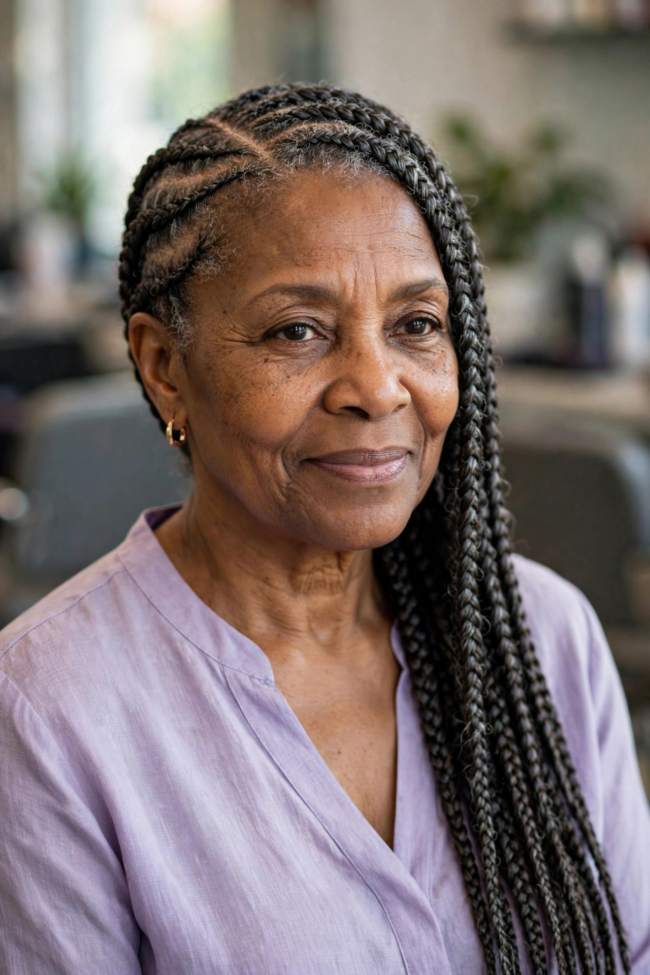 Side-Parted Cornrows on a Black woman over 50 - protective hairstyles for Black women over 50