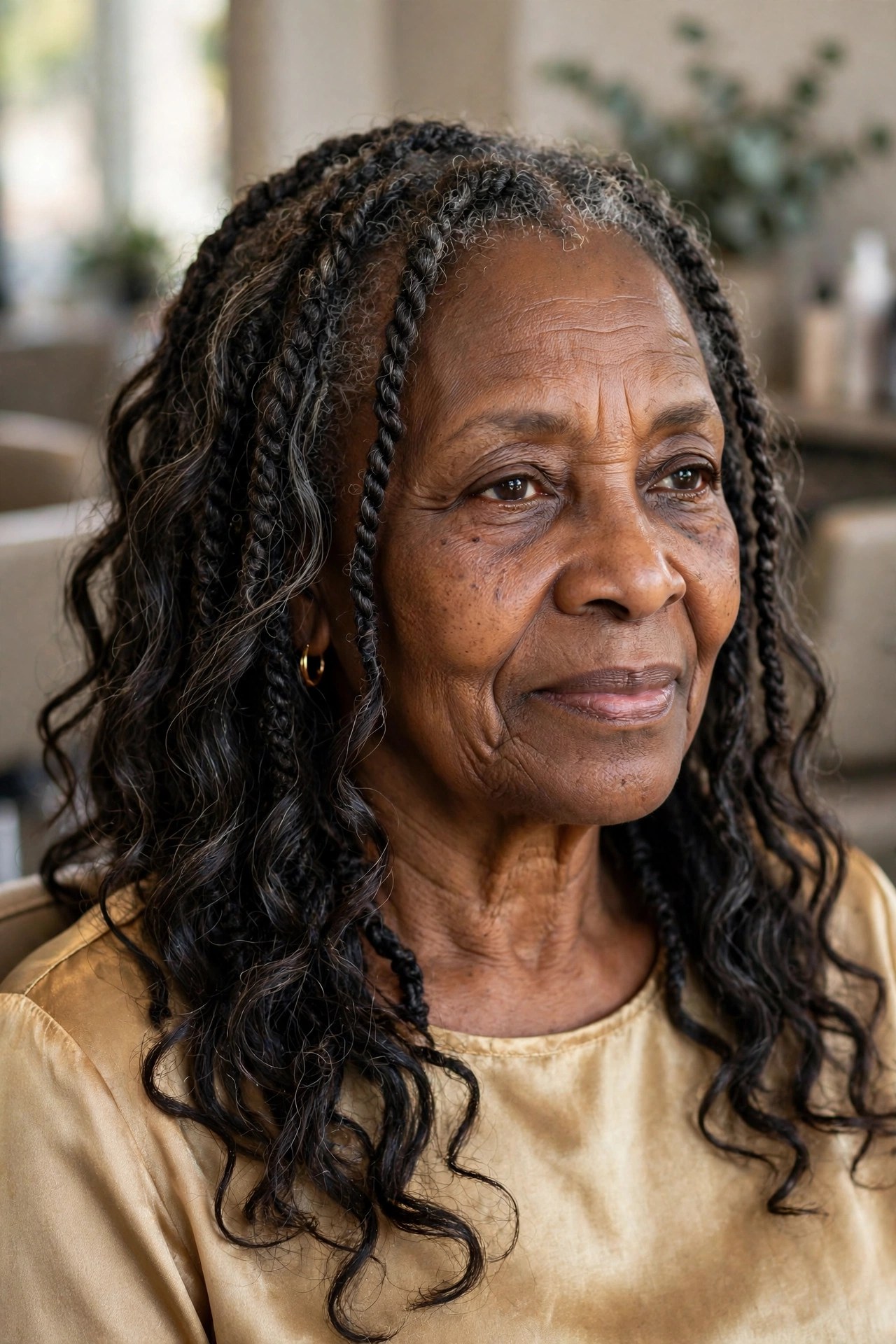 Goddess Twists with Loose Waves on a Black woman over 50 - protective hairstyles for Black women over 50