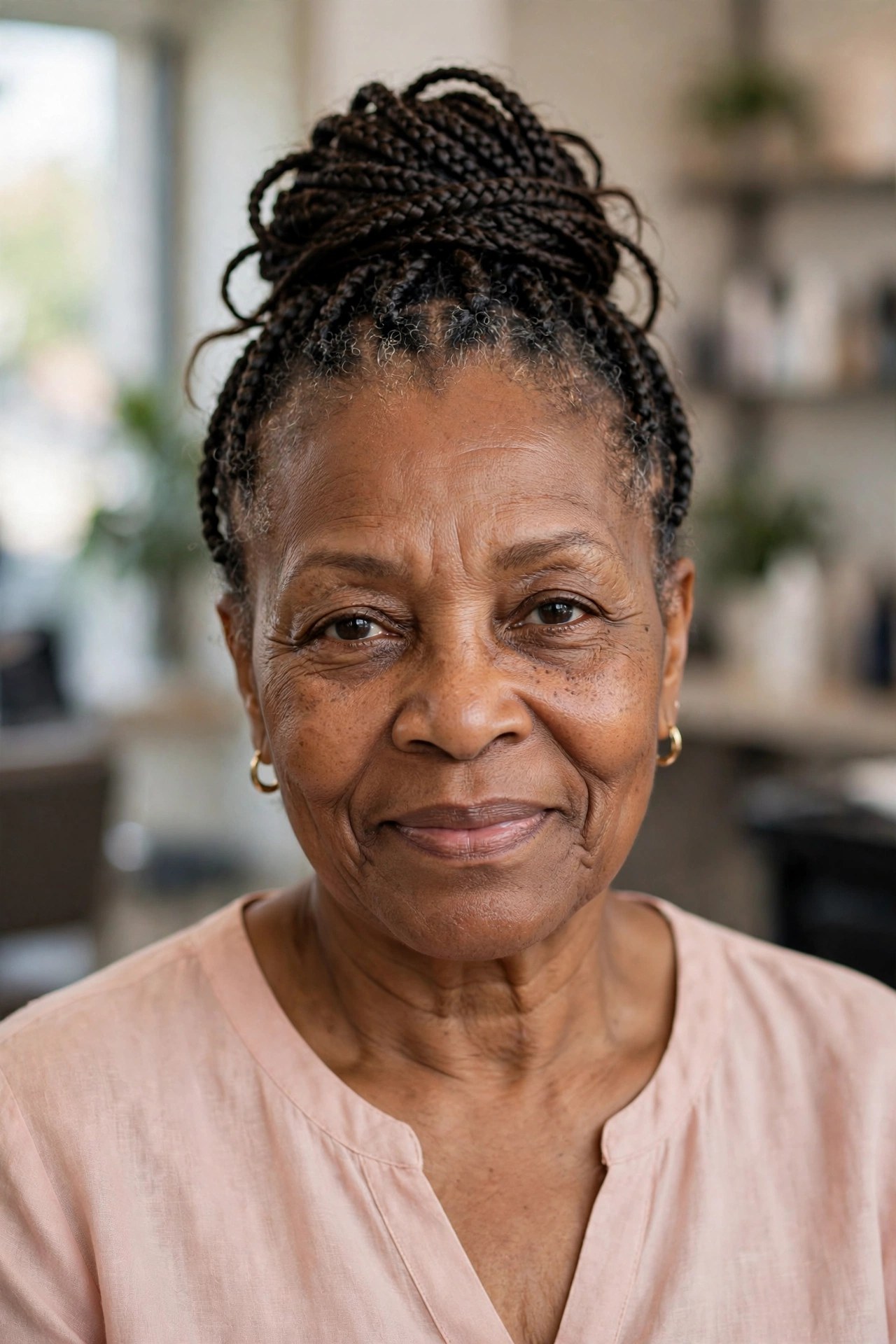 Box Braids in a Loose High Bun on a Black woman over 50 - protective hairstyles for Black women over 50