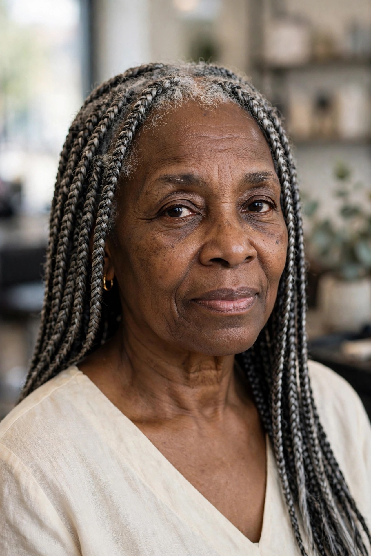 Classic Box Braids with Silver Blending on a Black woman over 50 - protective hairstyles for Black women over 50