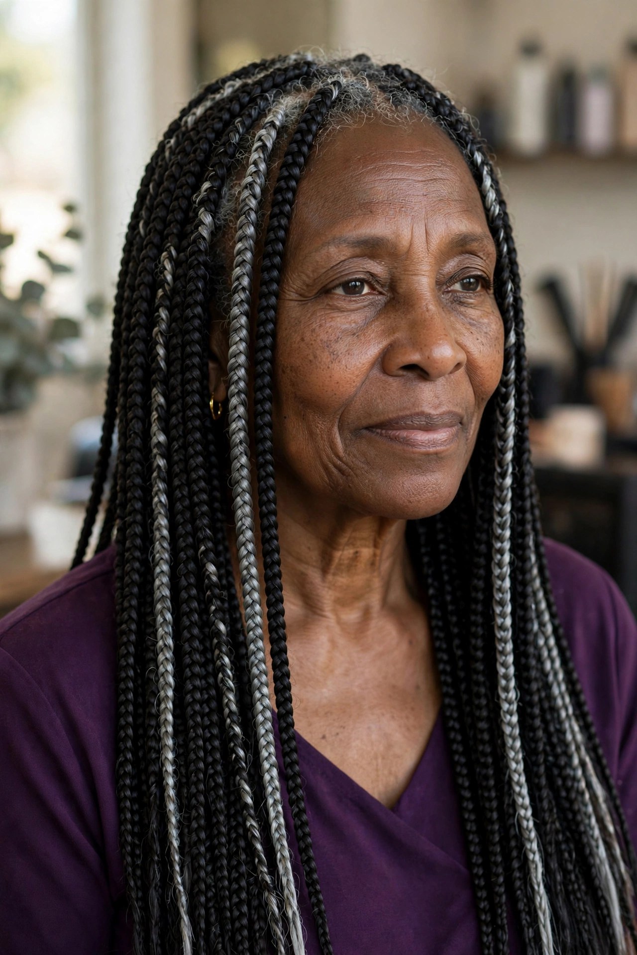 Long Knotless Braids with Silver Streaks on a Black woman over 50 - protective hairstyles for Black women over 50