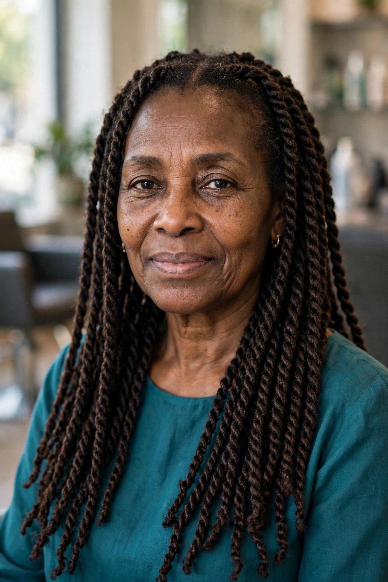 Medium Senegalese Twists on a Black woman over 50 - protective hairstyles for Black women over 50