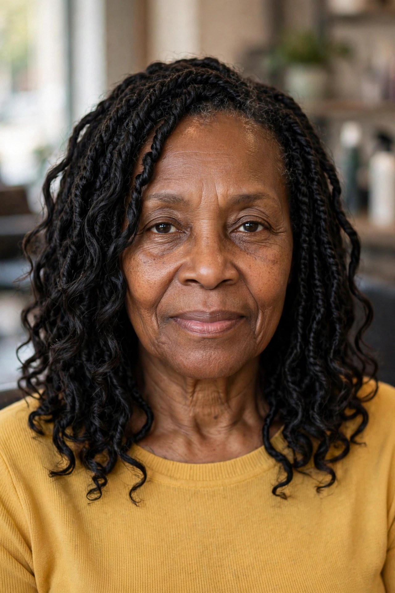 Passion Twists at Shoulder Length on a Black woman over 50 - protective hairstyles for Black women over 50