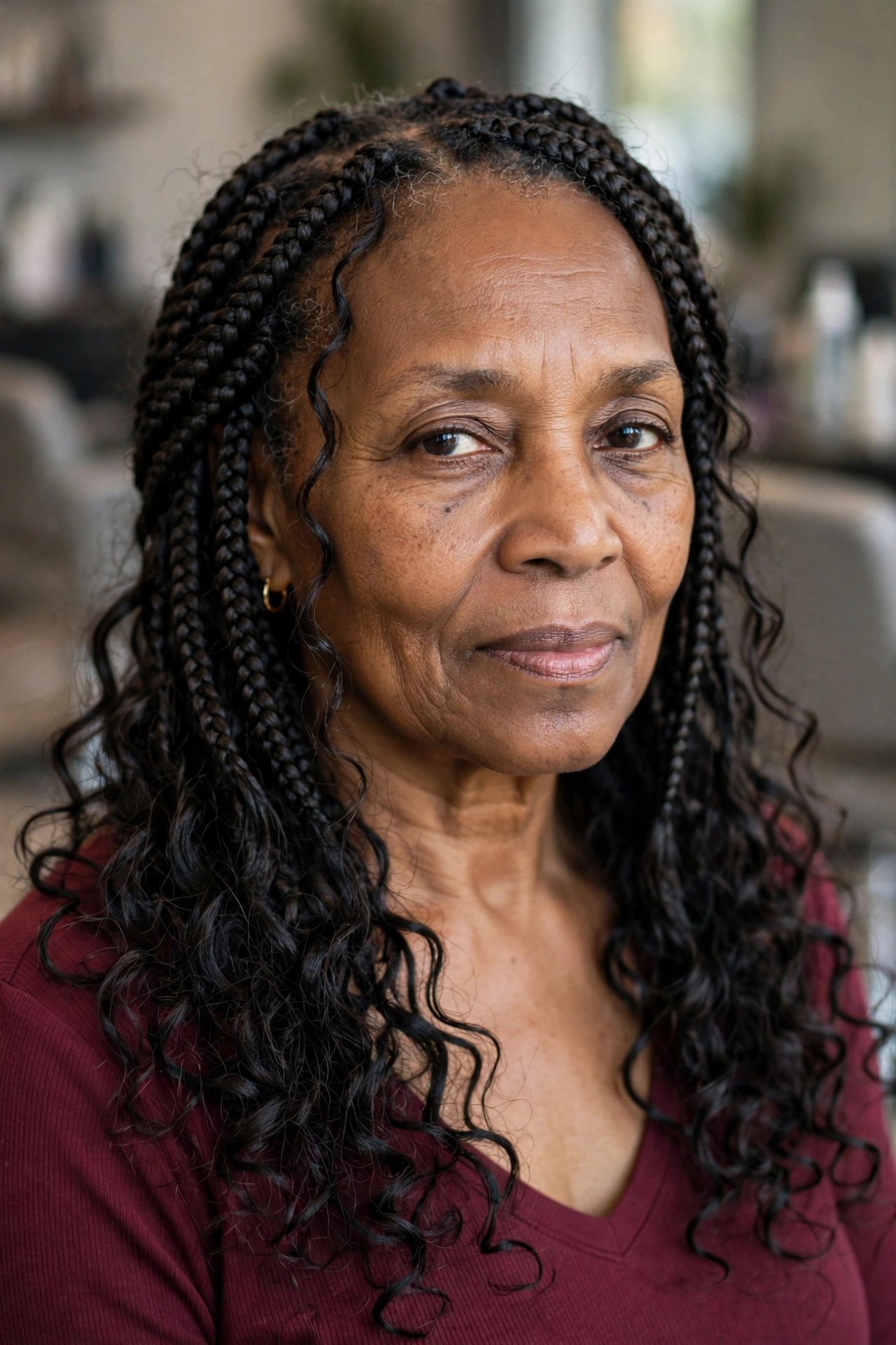 Goddess Braids with Soft Curly Ends on a Black woman over 50 - protective hairstyles for Black women over 50